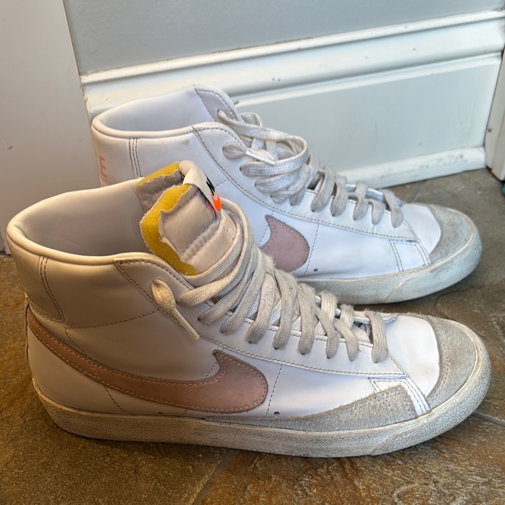 Nike White and Pink High-Top Sneakers with Leather and Suede